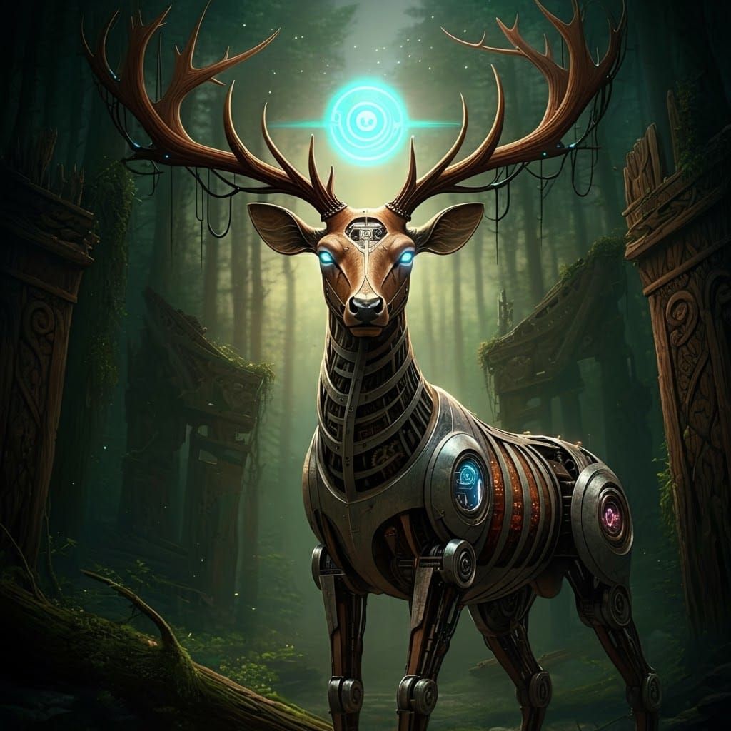 Robotic Stag in Enchanted Forest, Digital Art