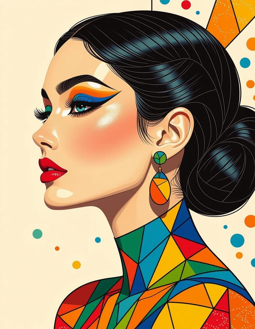 Mosaic Portrait of Woman with Vivid Makeup