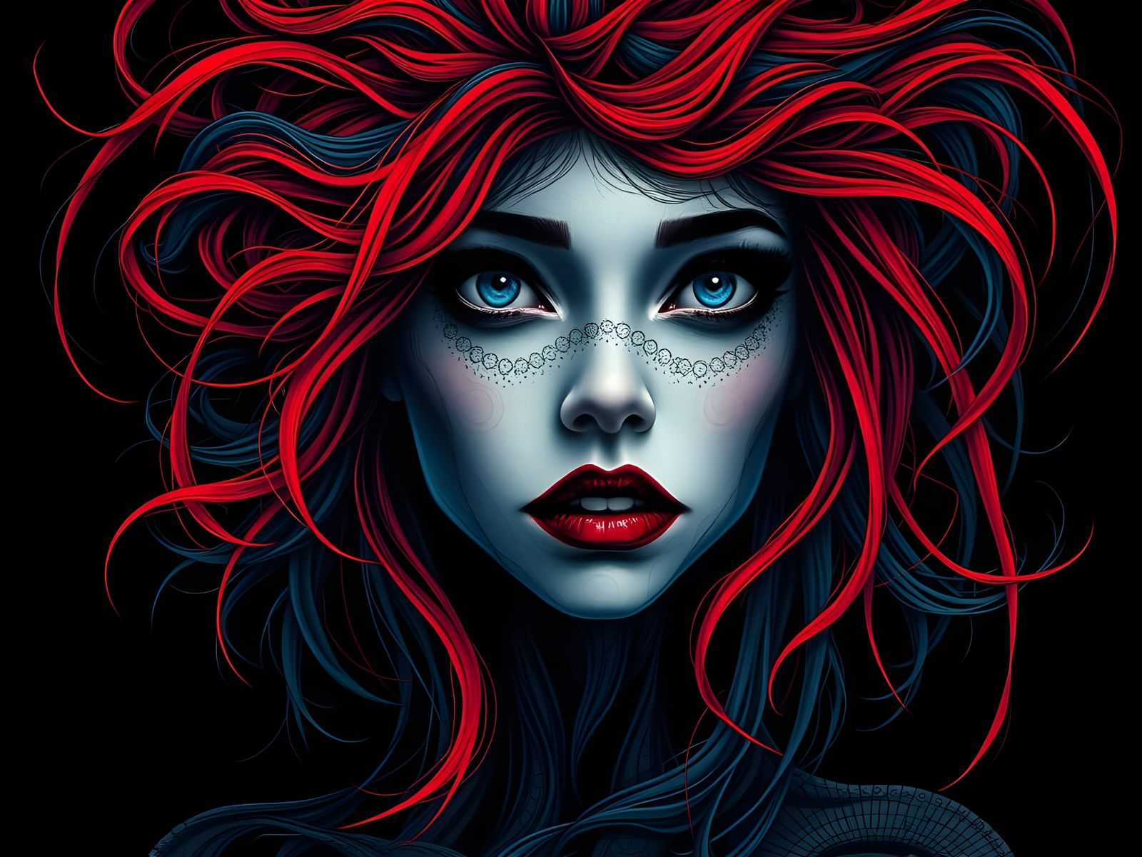 Mysterious Woman in Dark Blue Fractal Landscape