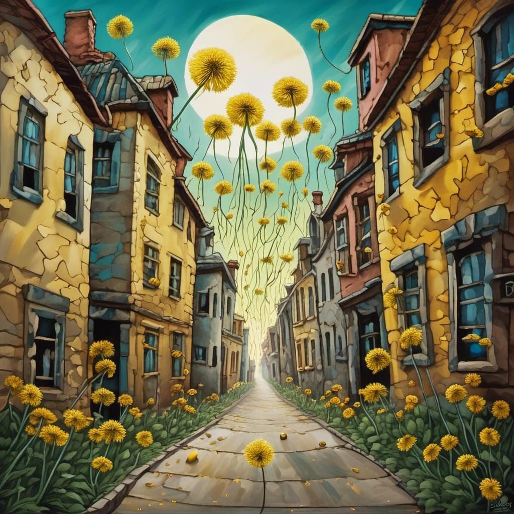 Dandelions with Happy Faces in Urban Alley