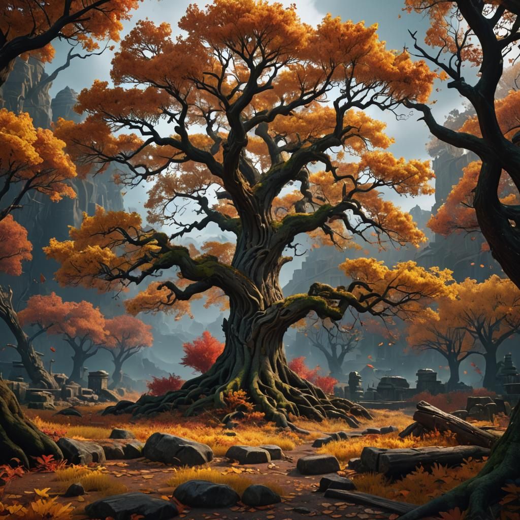 Detailed Matte Painting of an Autumn Tree