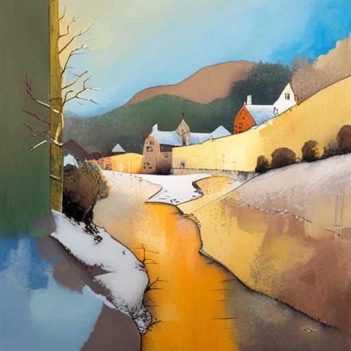 Cotswold Village Snow Scene in Abstract Collage