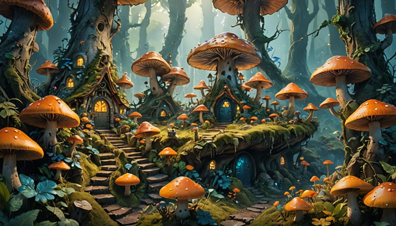 Misty Forest Fairy Village in Matte Painting Style
