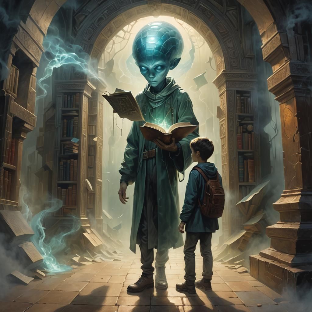 Boy Enters Alien Portal in Crystalline Cubism Style