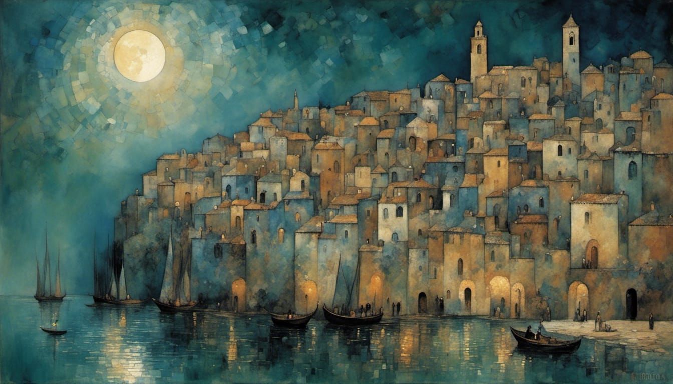 Moonlit Mediterranean Town Inspired by Cosmati Art