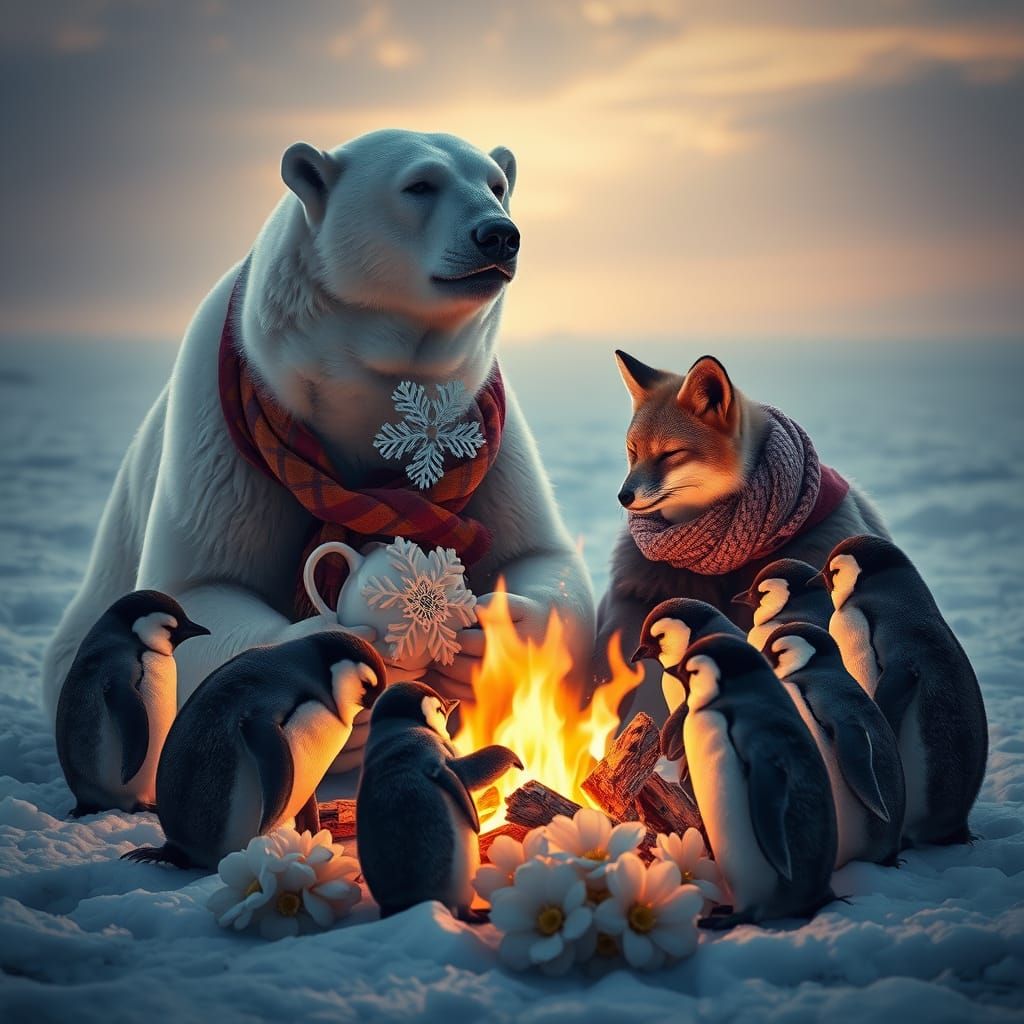 Polar Bear Surrounded by Arctic Fox, Penguins, and Ice Flowe...