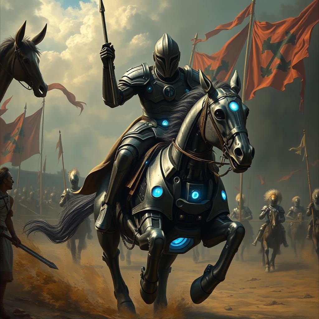 Determined Knight Robot Charges into Medieval Tournament