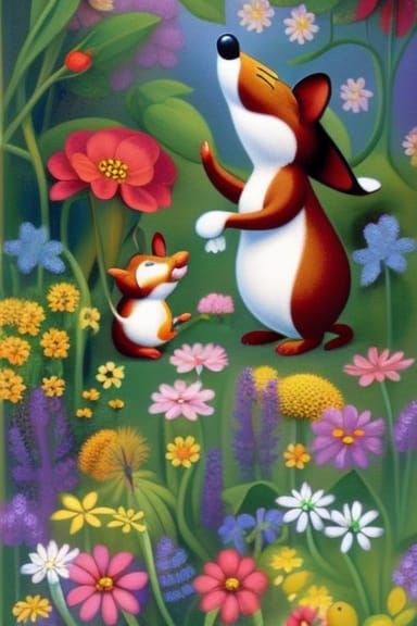 Playful Mice Hide and Seek in Garden Illustration