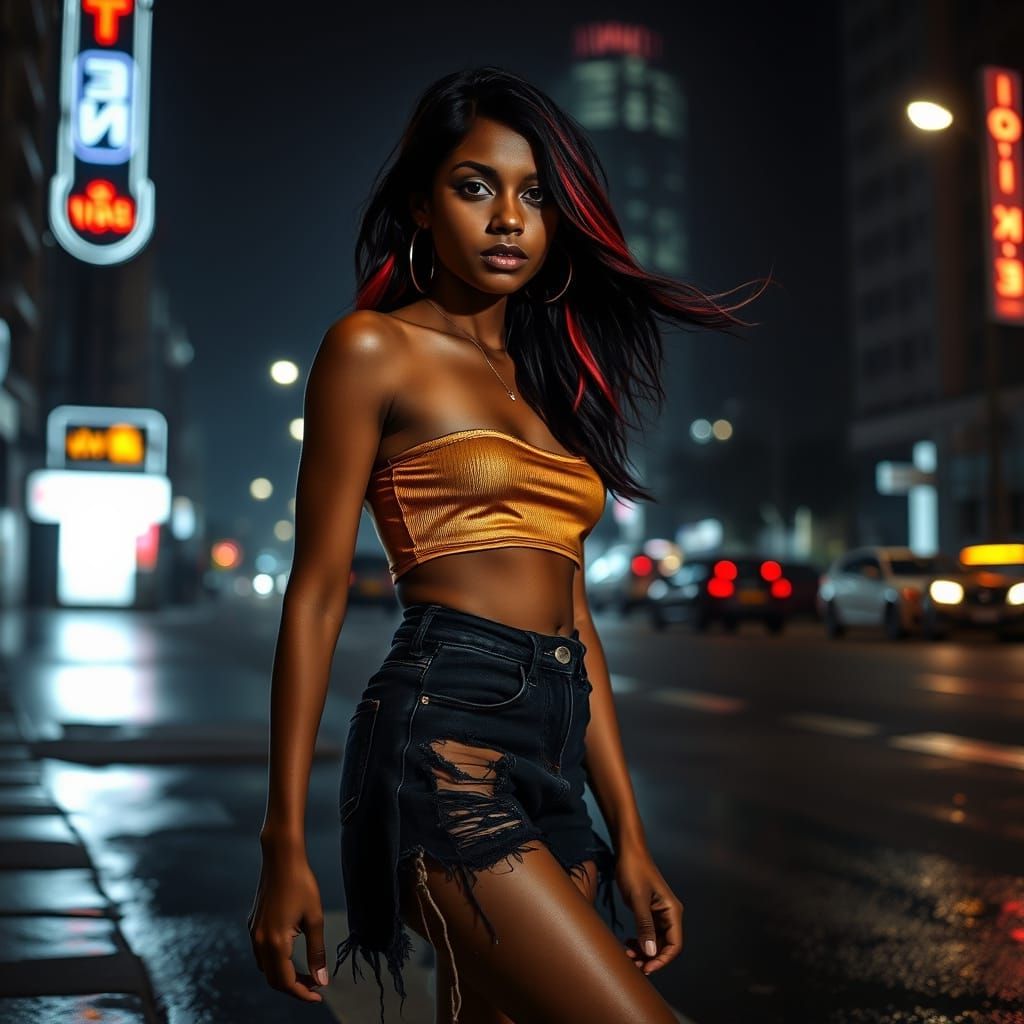 Striking Indian Woman in Urban Nightscape