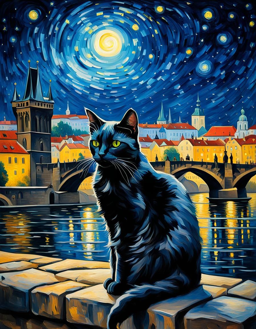 Black Cat and Prague Bridge in Van Gogh Style