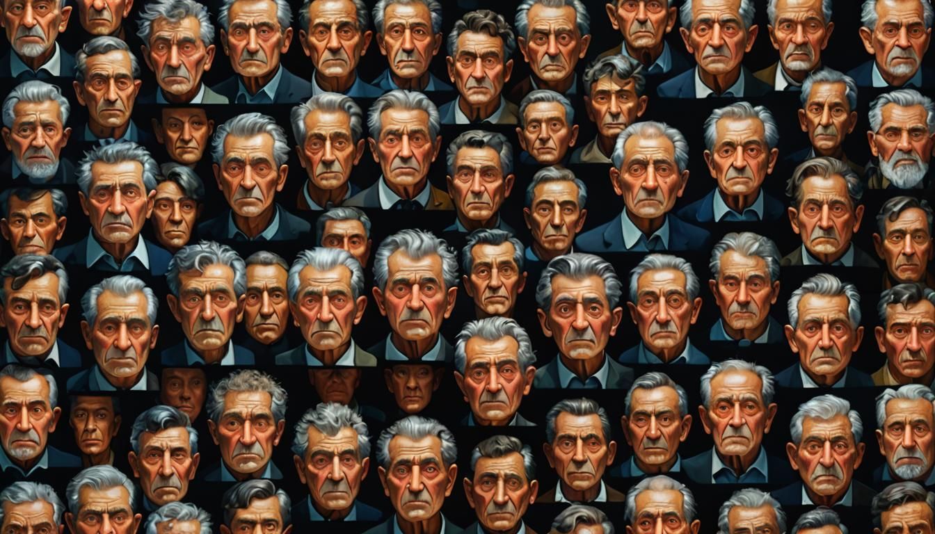 Hyperrealistic TV Wall Displaying Aging Faces