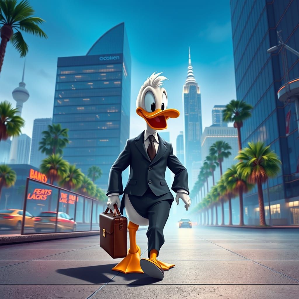 Donald Duck in a Suit Enters Futuristic Los Angeles Office B...