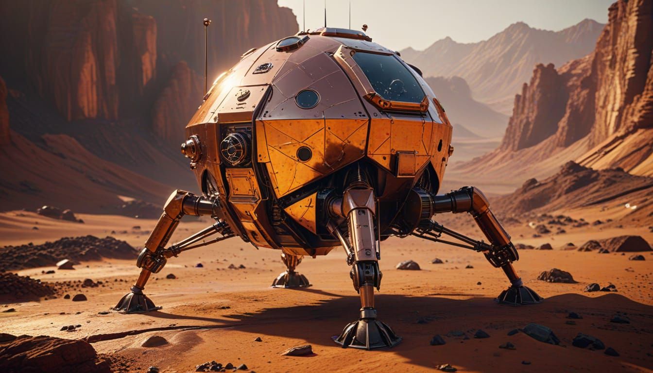 Steampunk Lunar Lander on Mars at Golden Hour