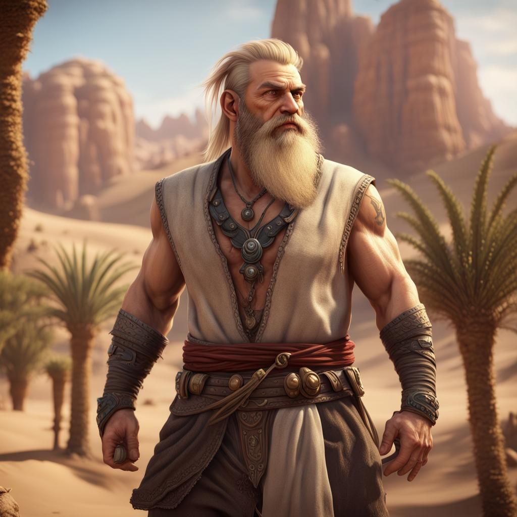 Male Dwarf in Desert Oasis, Detailed Fantasy Art