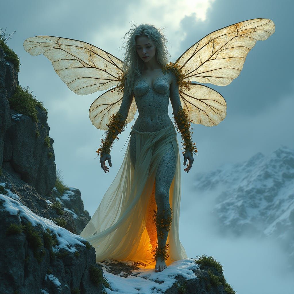 Granite Fairy on Snowy Cliffside in Fantasy Realism