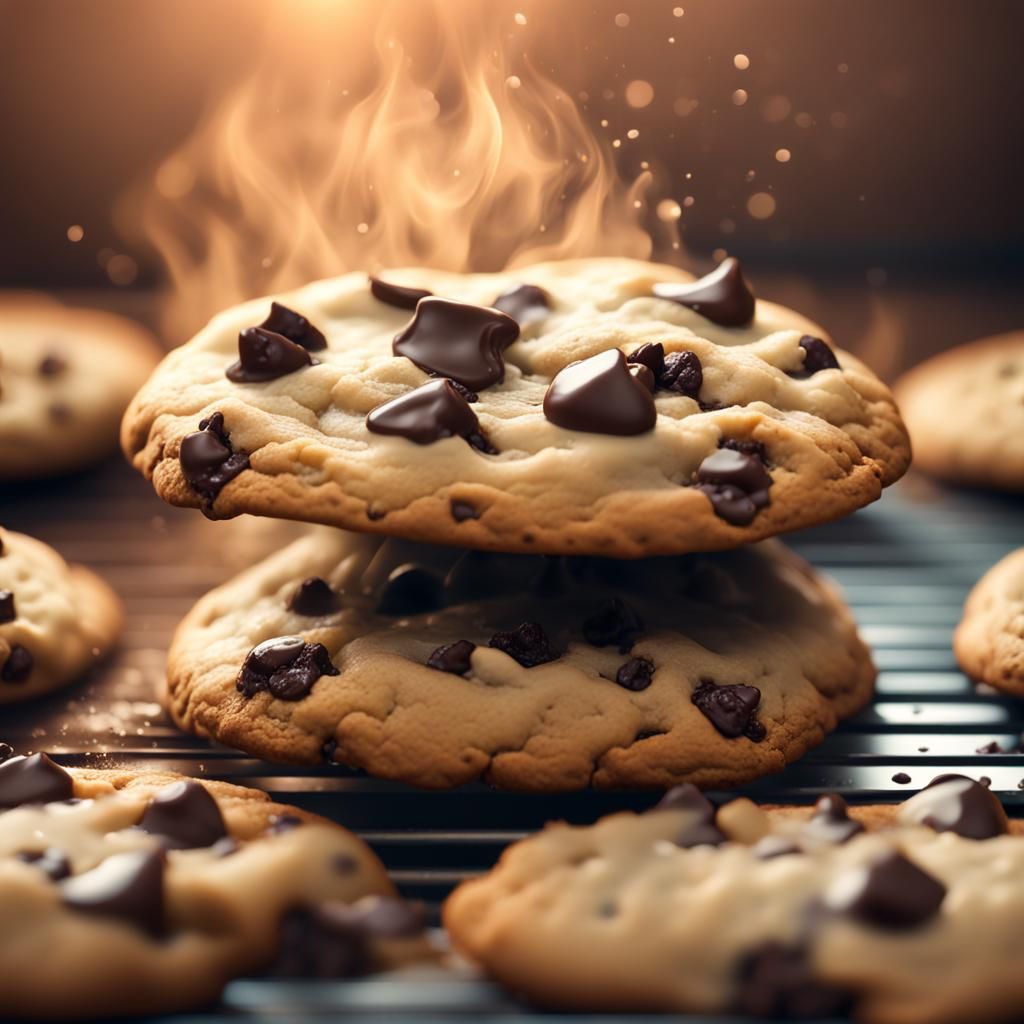 Hyperrealistic Chocolate Chip Cookies Baking with Steam