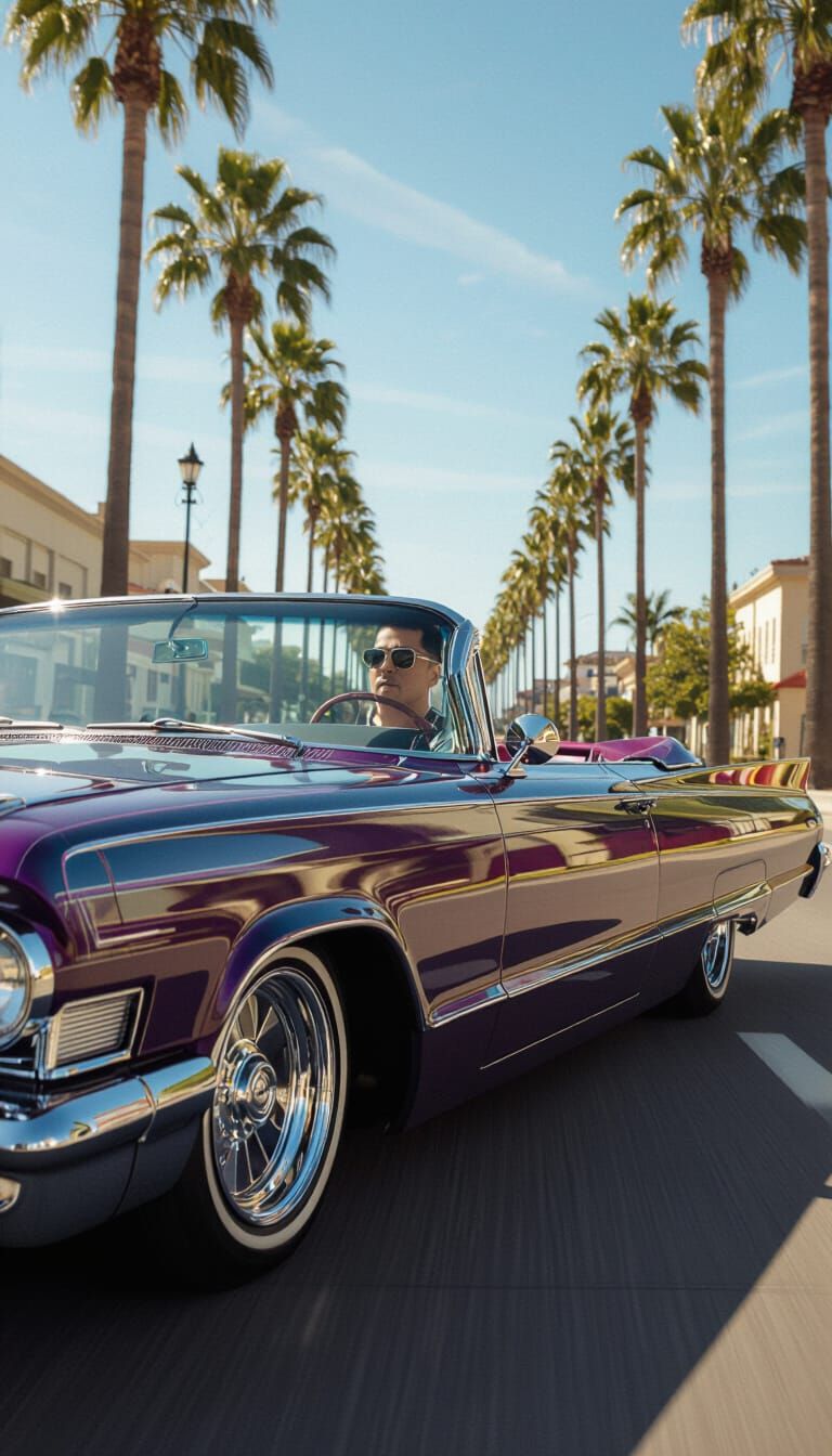 Asian Man Cruising in Lowrider on Sunny Boulevard