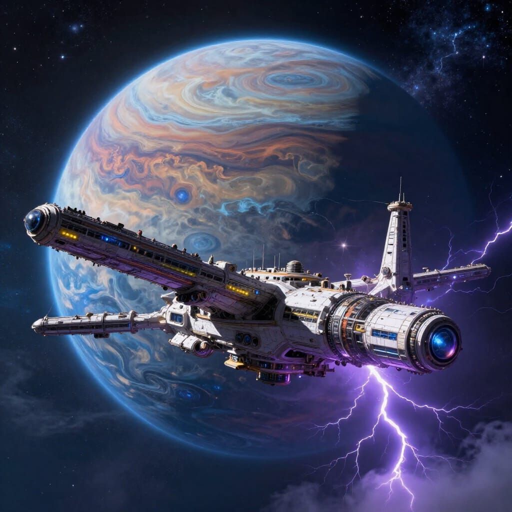 Massive Space Station Orbits Stormy Gas Giant