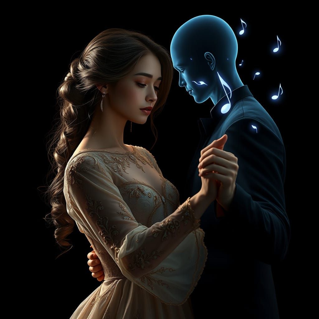 Solemn Woman Slow Dances with Holographic Ghost in Darkened....