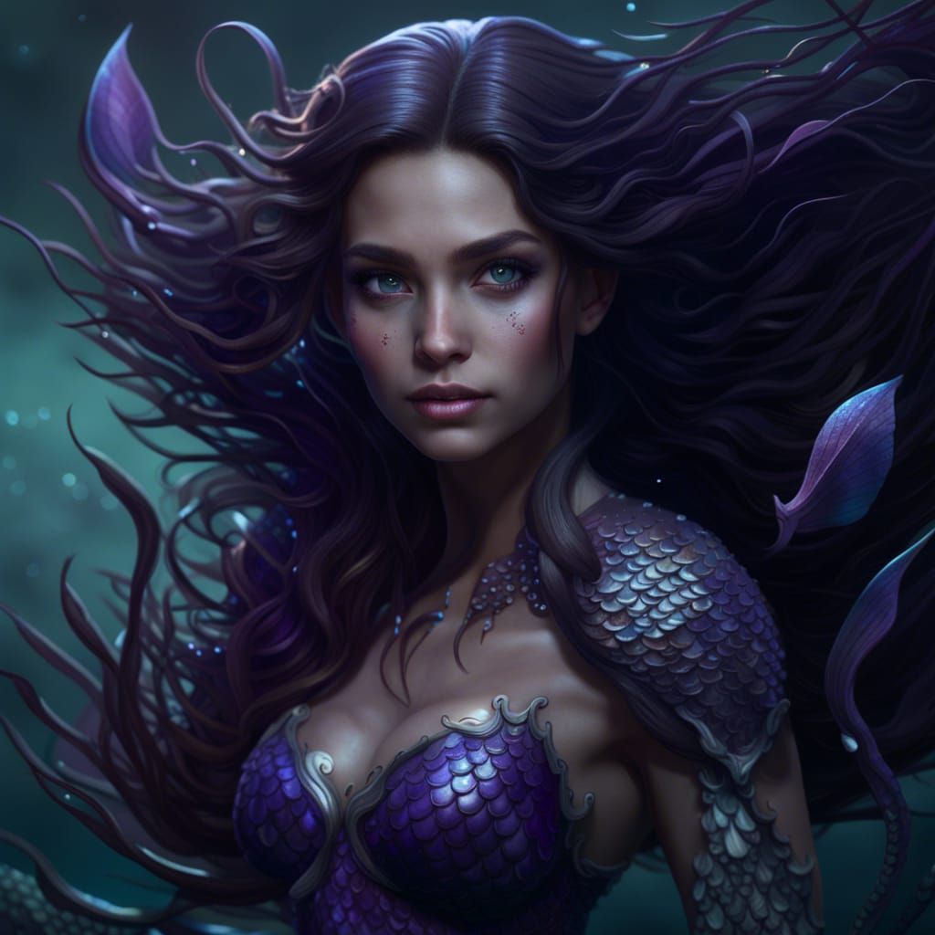 Beautiful Mermaid with Purple Tail in Fantasy Art