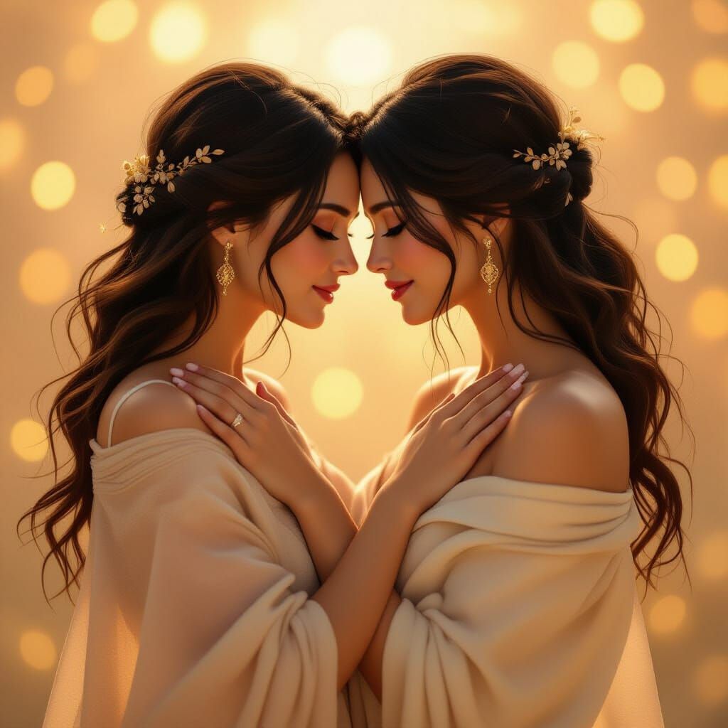 Women's Tender Embrace in Golden Light