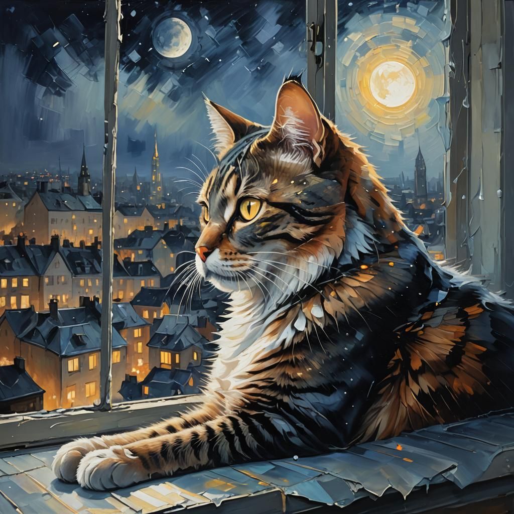 Abstract Cat Gazing at Moonlight, Oil Painting