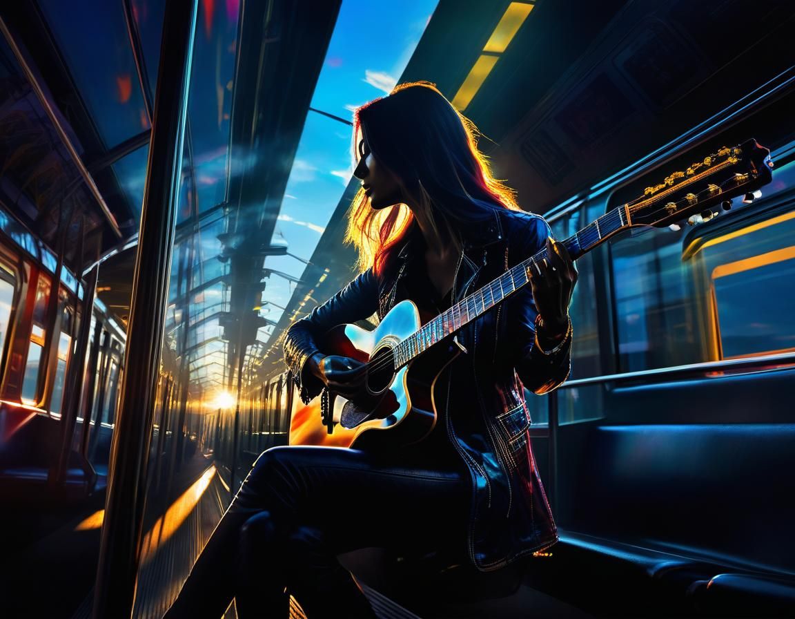 Crystal Woman Guitarist at Train Station in Vibrant Colors