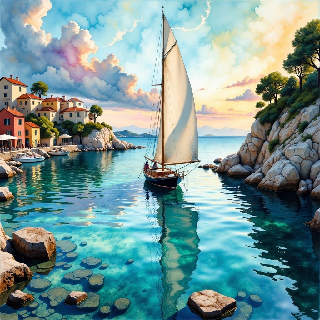 Sailboat in Serene Harbour with Liquid Ink-Inspired Hues