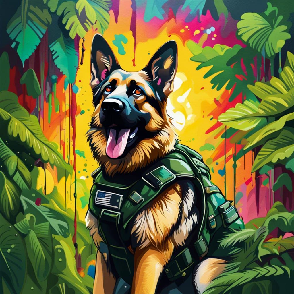 German Shepherd Parachuting in Graffiti Art Style
