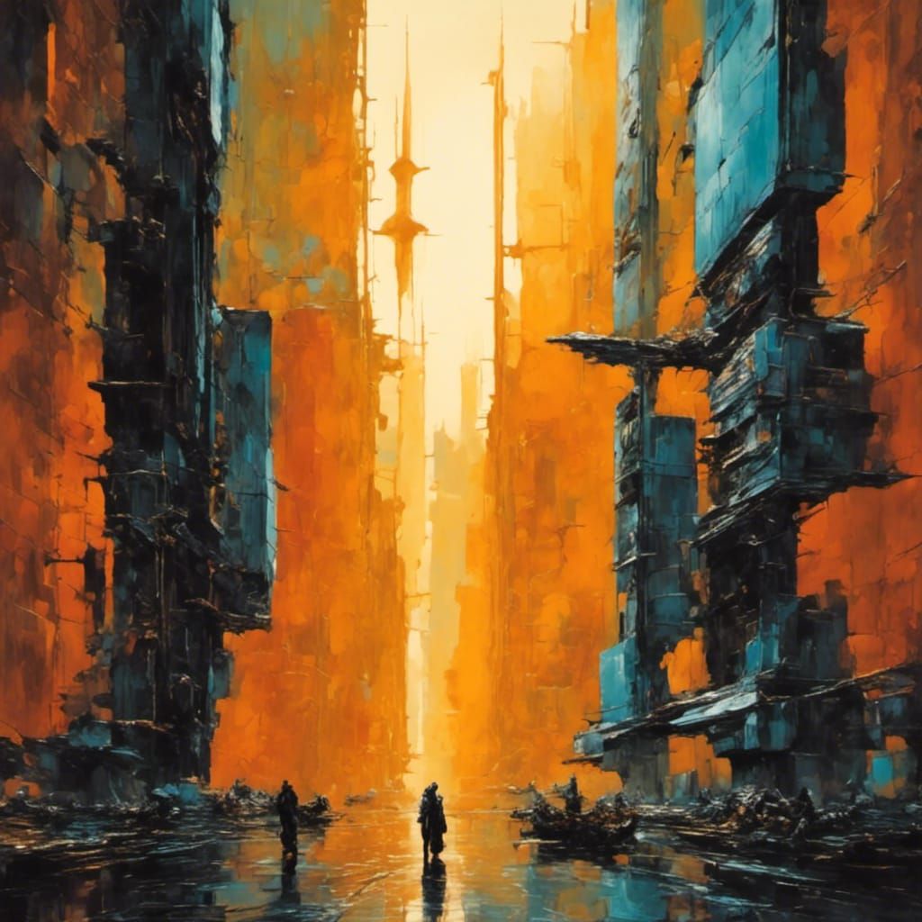 Futuristic Cityscape with Dark, Sharp Details