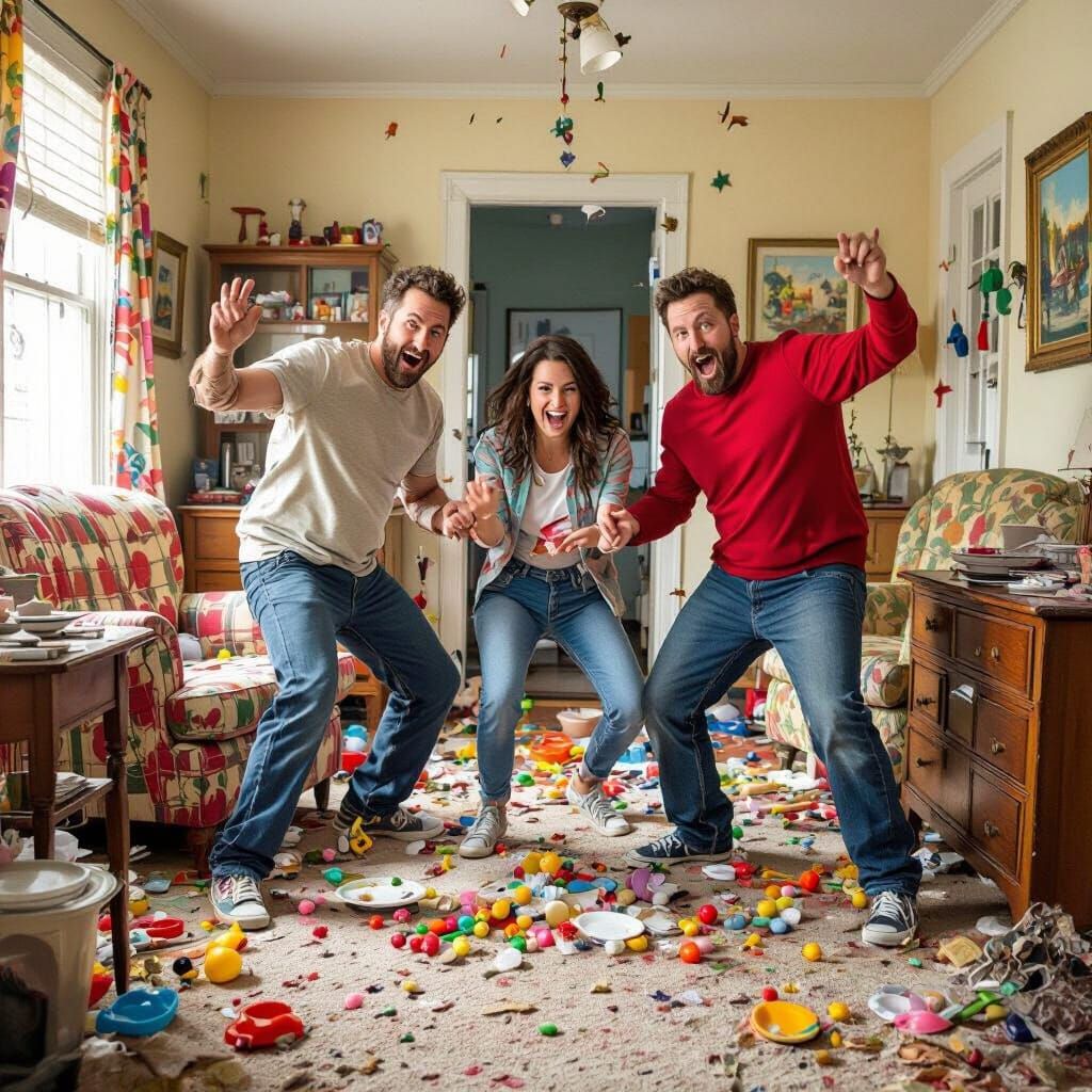 Playful Chaos: A Vibrant Scene of Domestic Mayhem