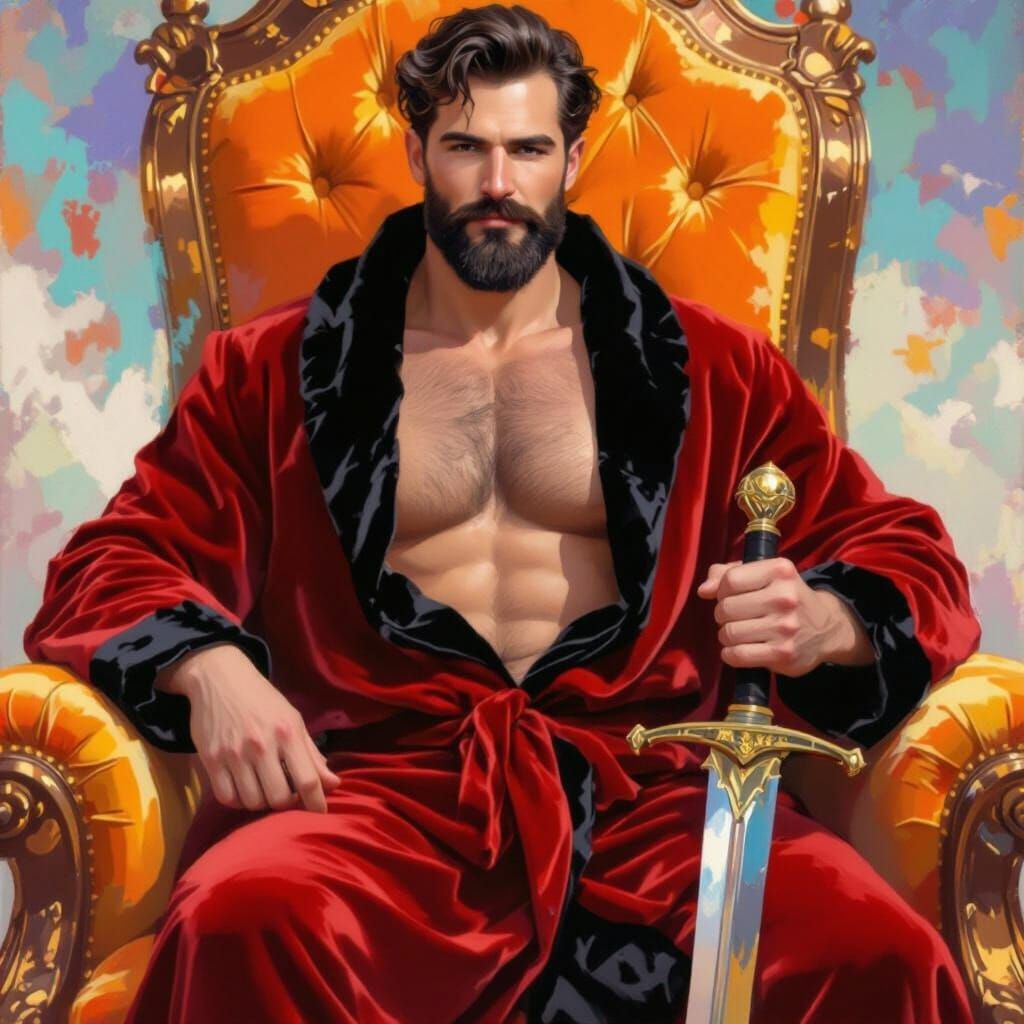 Glorious Man on Velvet Throne Holding Sword
