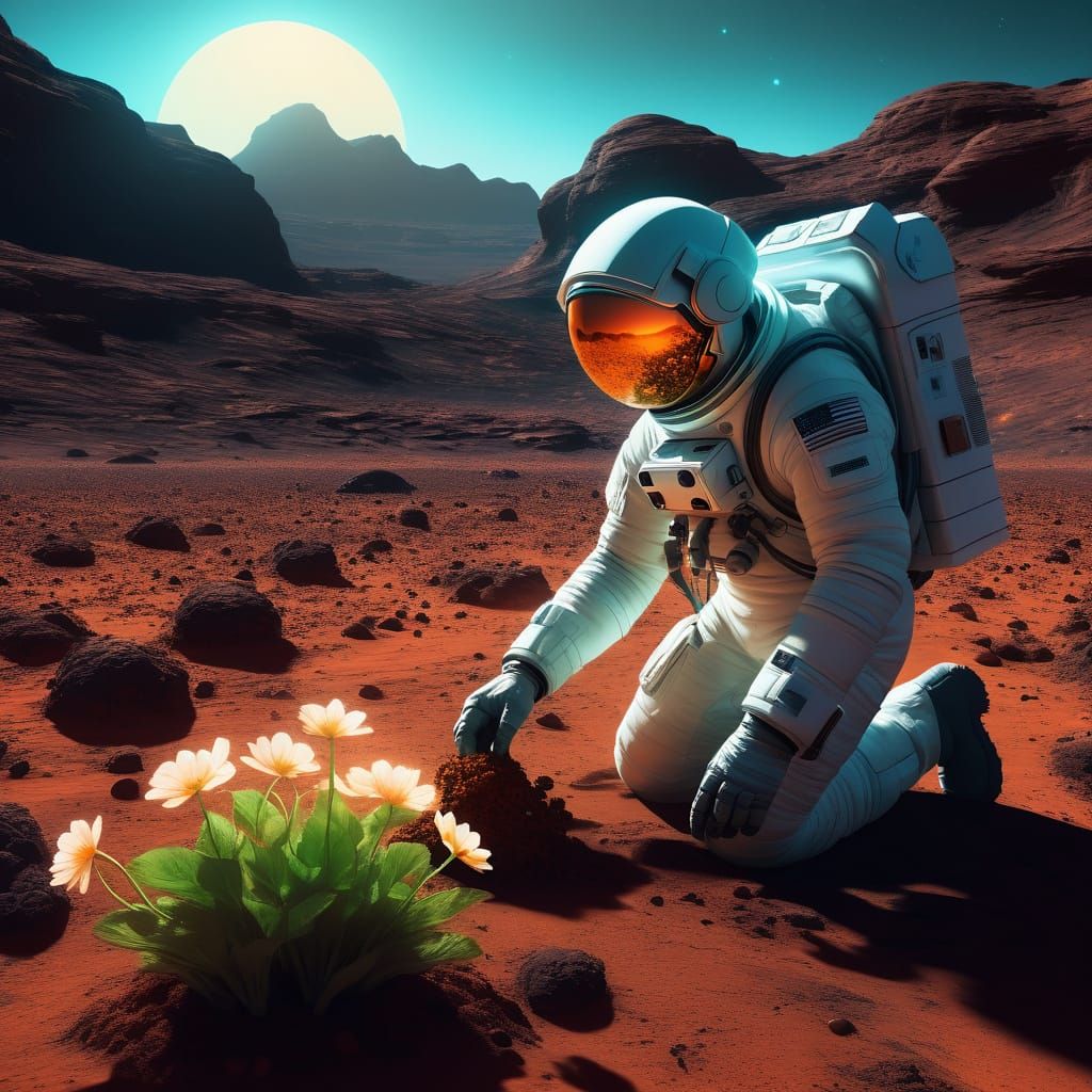 Astronaut Planting Bioluminescent Flower on Mars