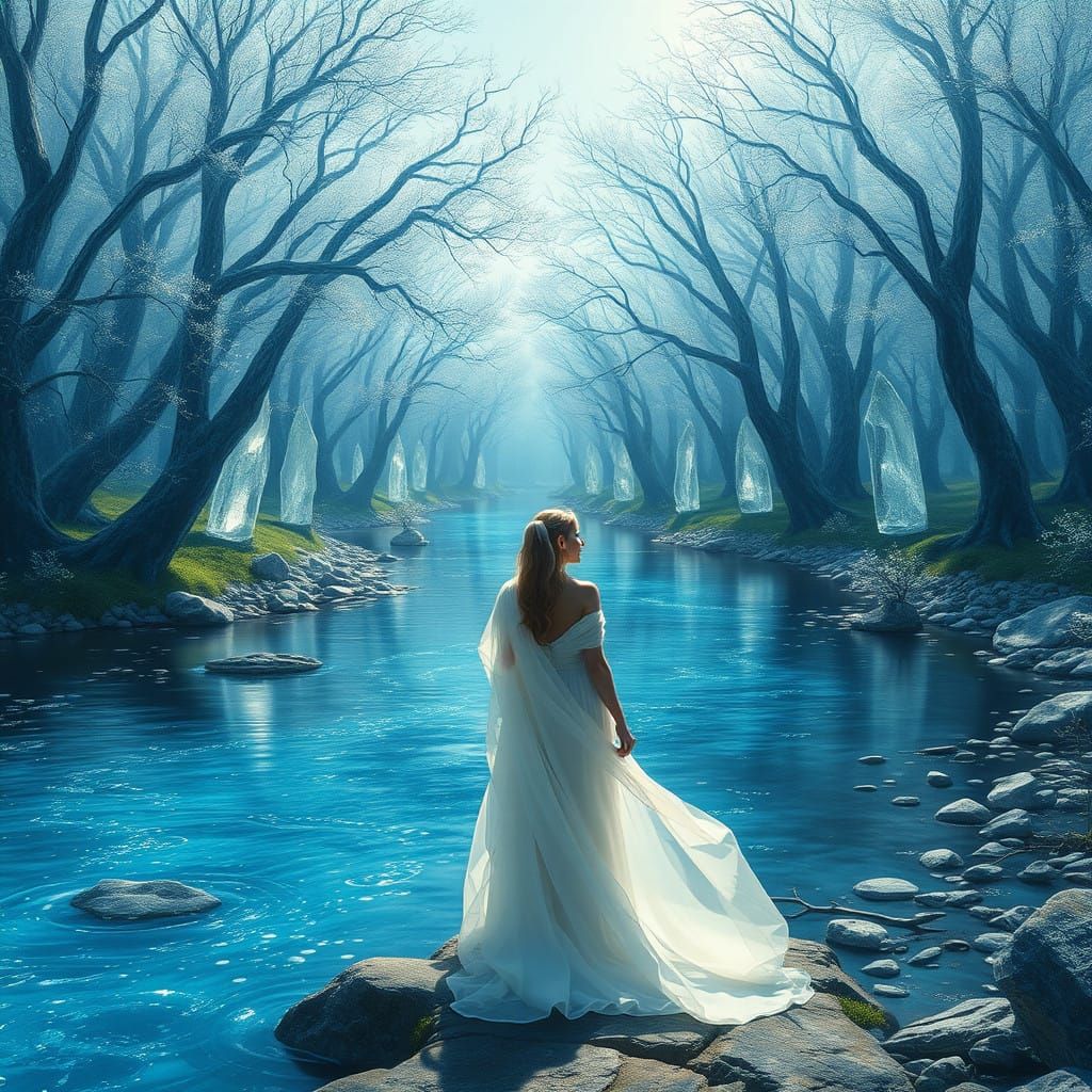 Ethereal Waterfall in a Mystical Crystal Forest