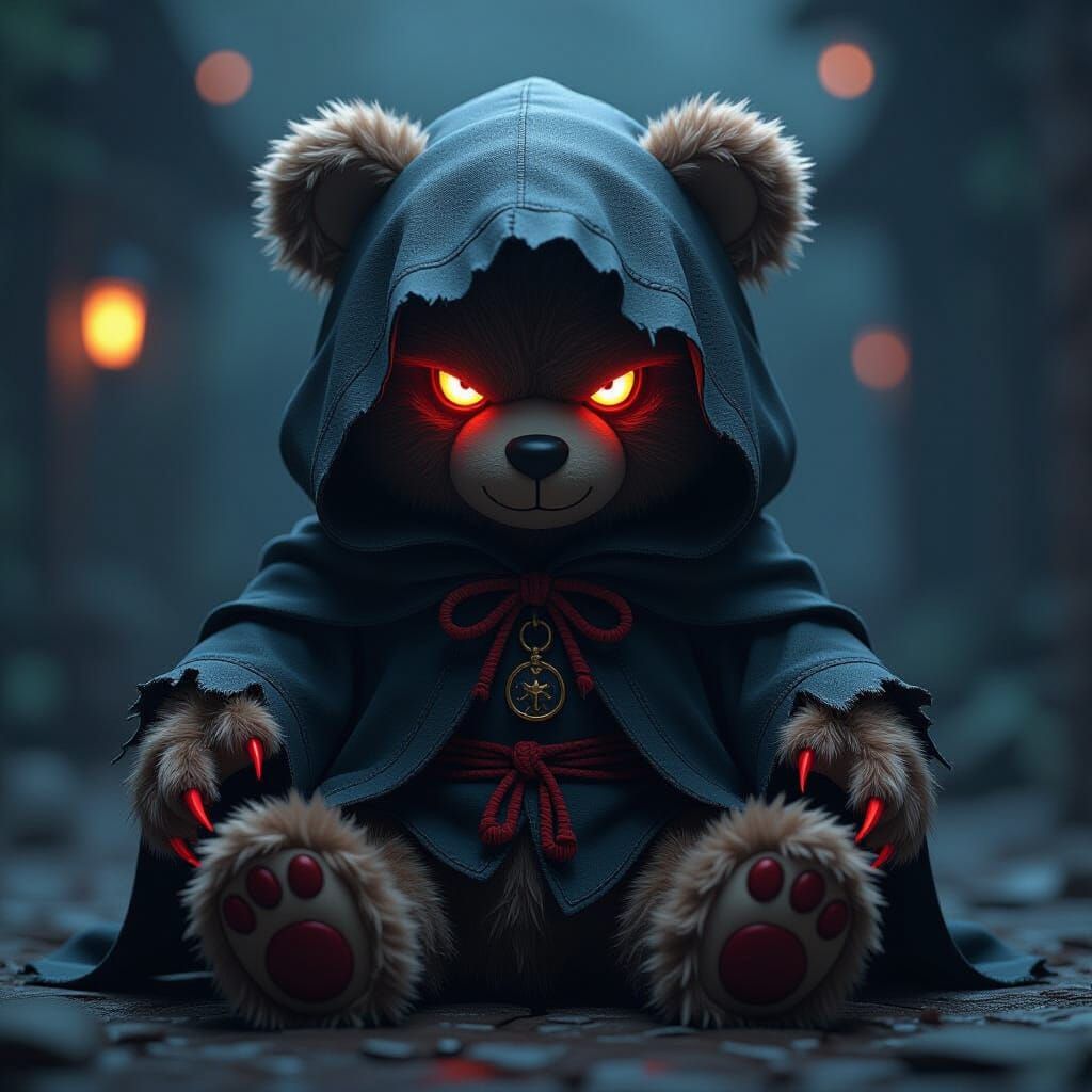 Menacing Teddy Bear with Glowing Red Eyes in 3D Anime Style