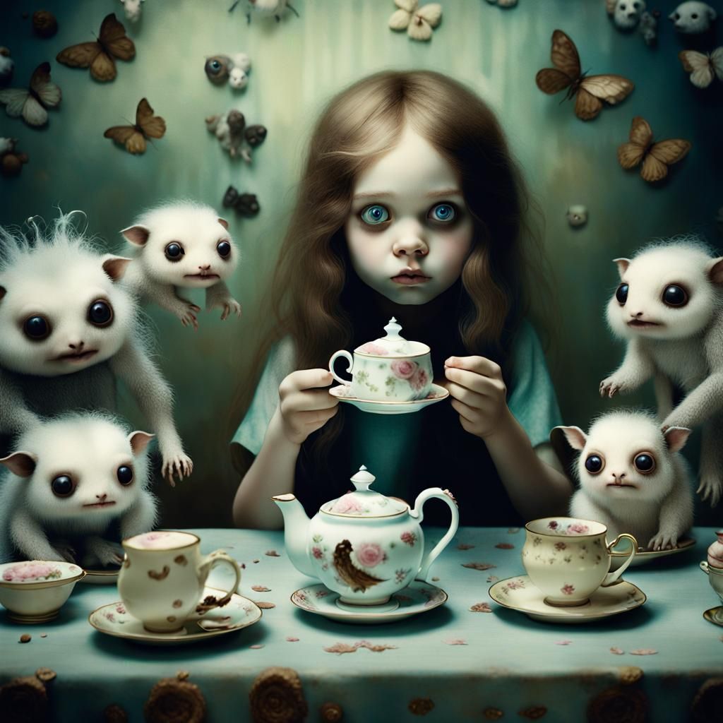 Eerie Tea Party with Fluffy Beasts in Digital Art