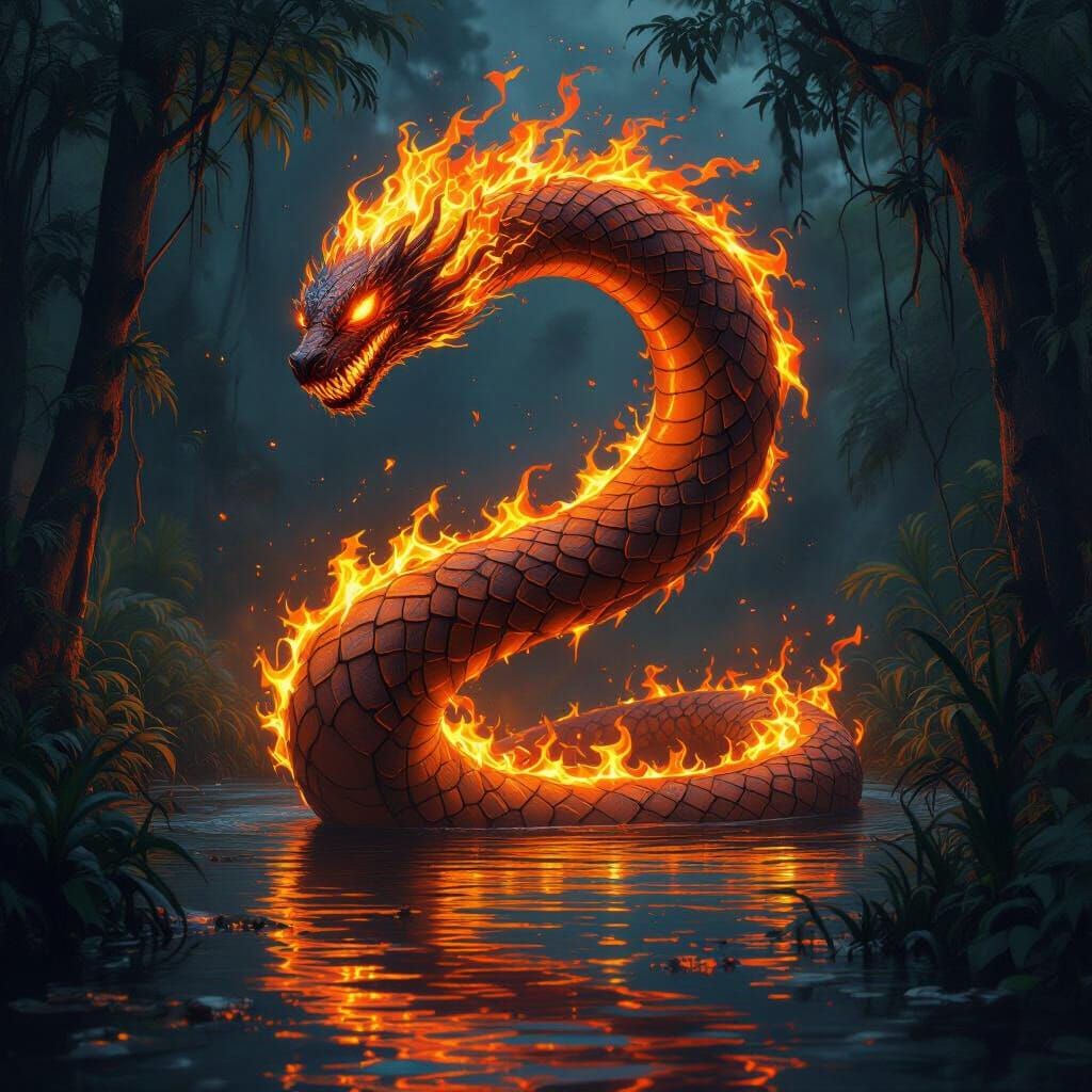 Boitatá: Fiery Serpent in Dark Amazon, Photorealistic Fantas...