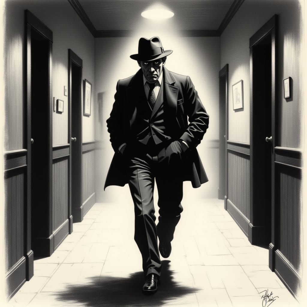 Lanky Man Walks Down 1930s Office Hallway in Charcoal Style