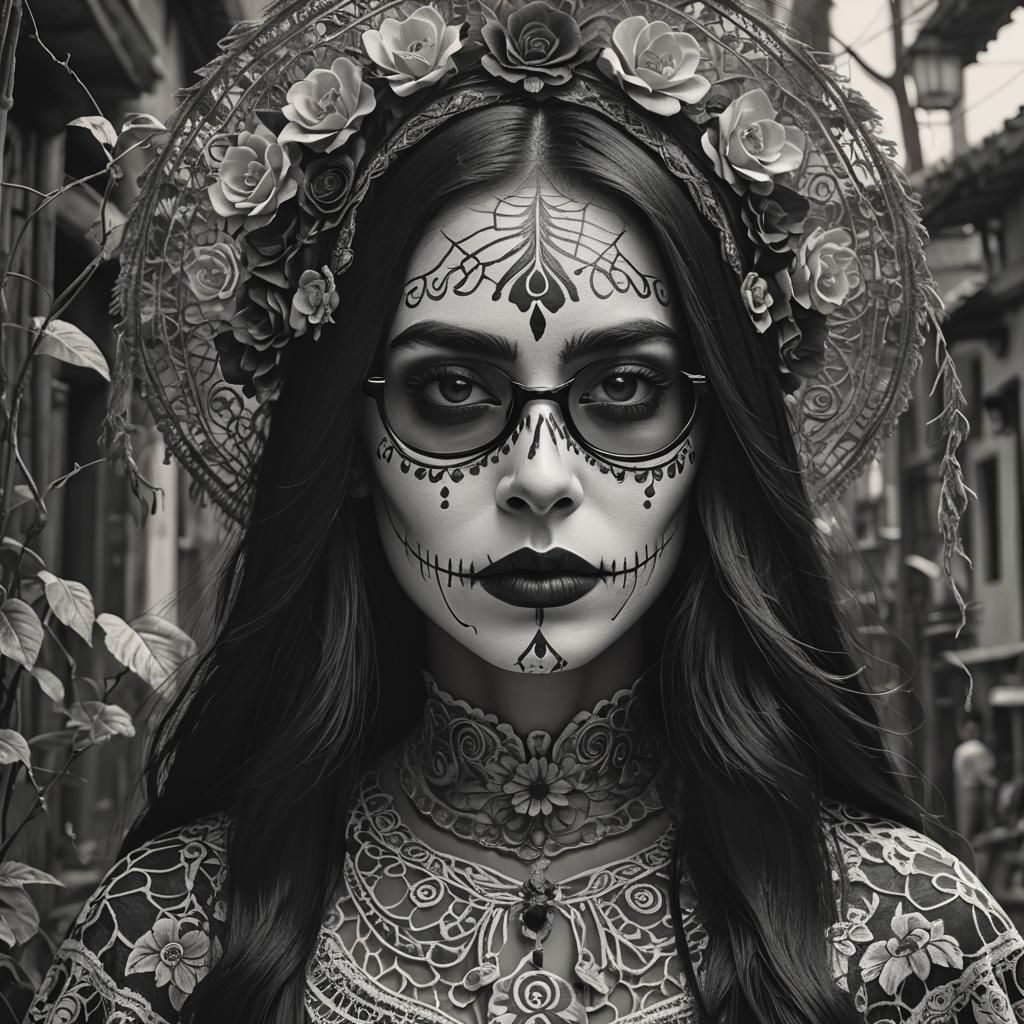 Colombian Woman in Catrina Makeup: Black and White Photograp...