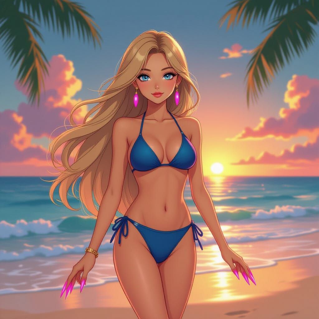 Anime Woman With Long Neon Nails on Tropical Beach Sunset