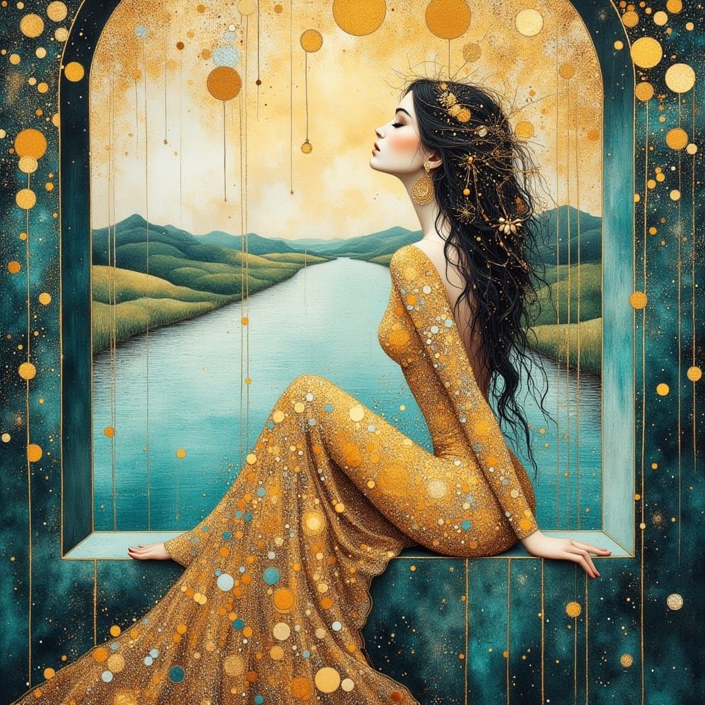 Woman in Embroidered Gown Gazing at River