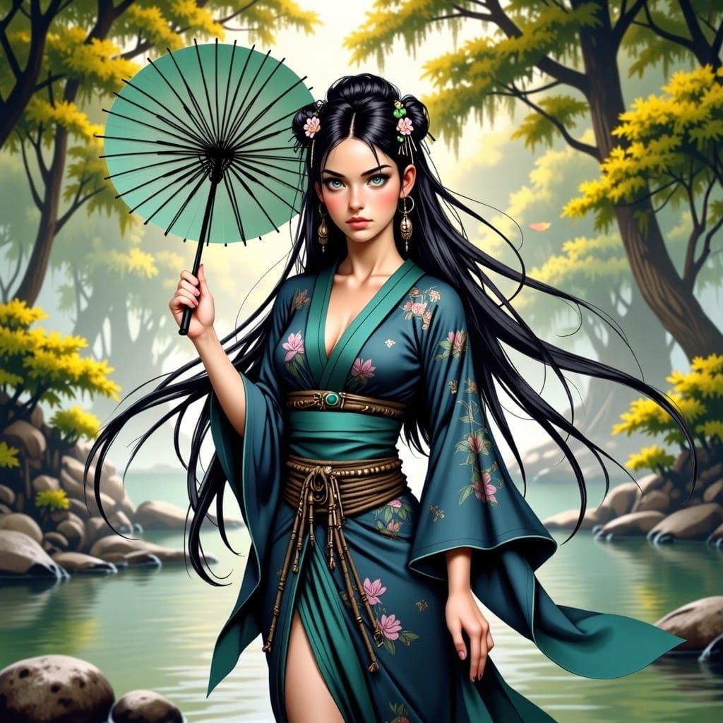 Geisha by the River in Fantasy Concept Art Style