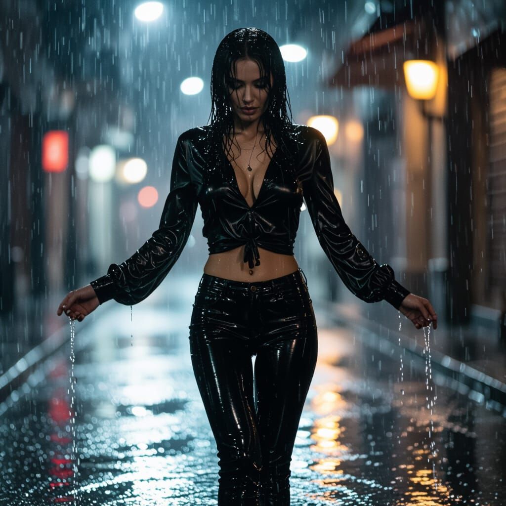 Woman Dancing in Rain, Wet PVC Jeans and Satin Blouse