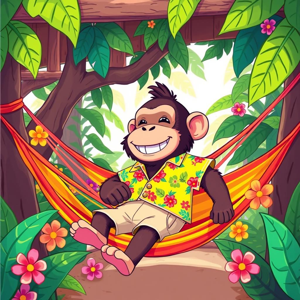 Cheerful Ape Lounging in Jungle Treehouse