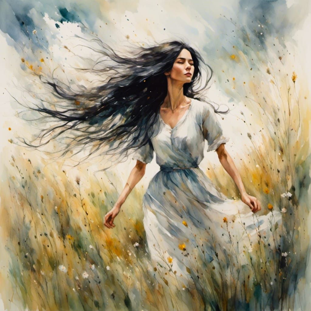 Woman in Windy Meadow with Dynamic Lighting