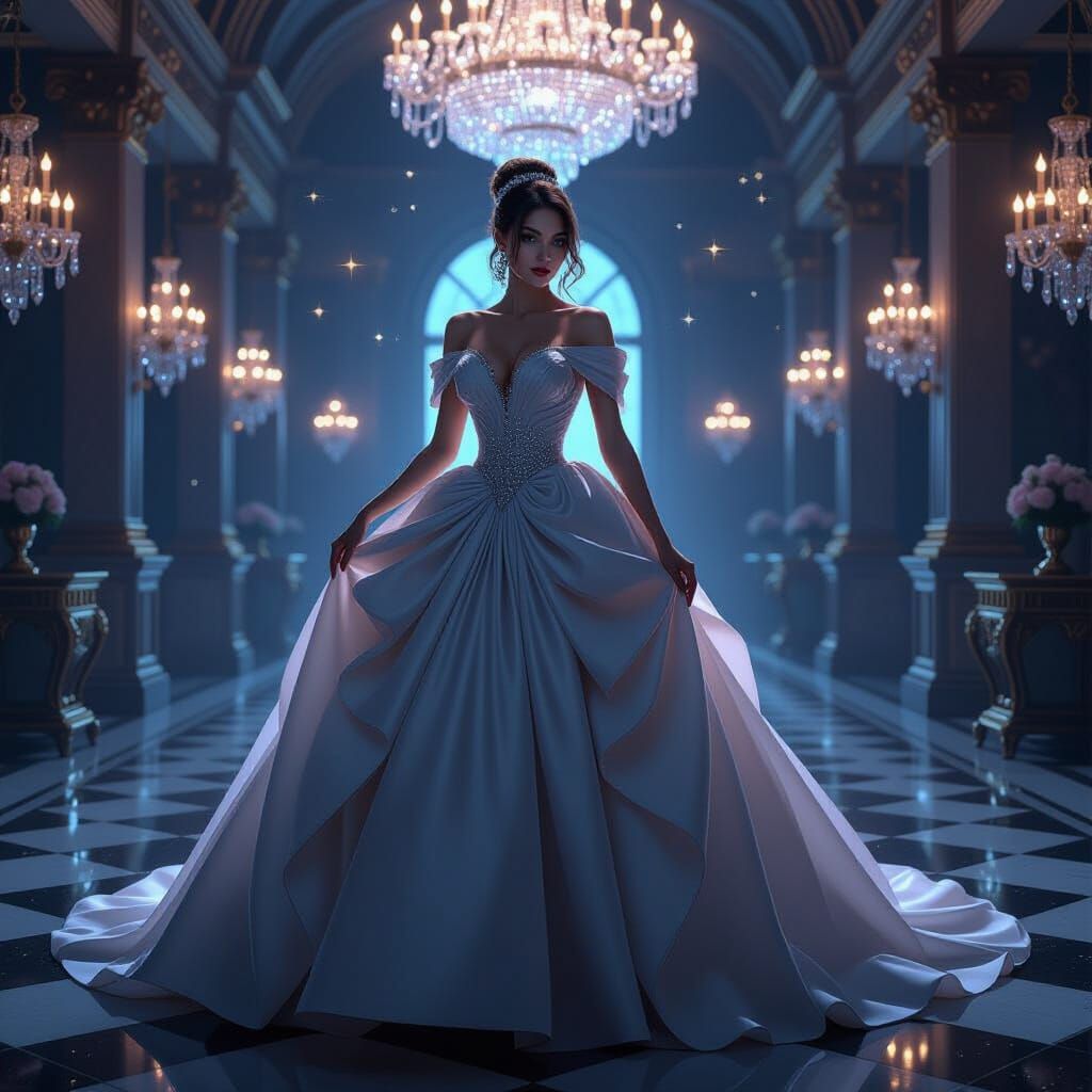 Captivating Woman in Ballroom, Futuristic Art Style