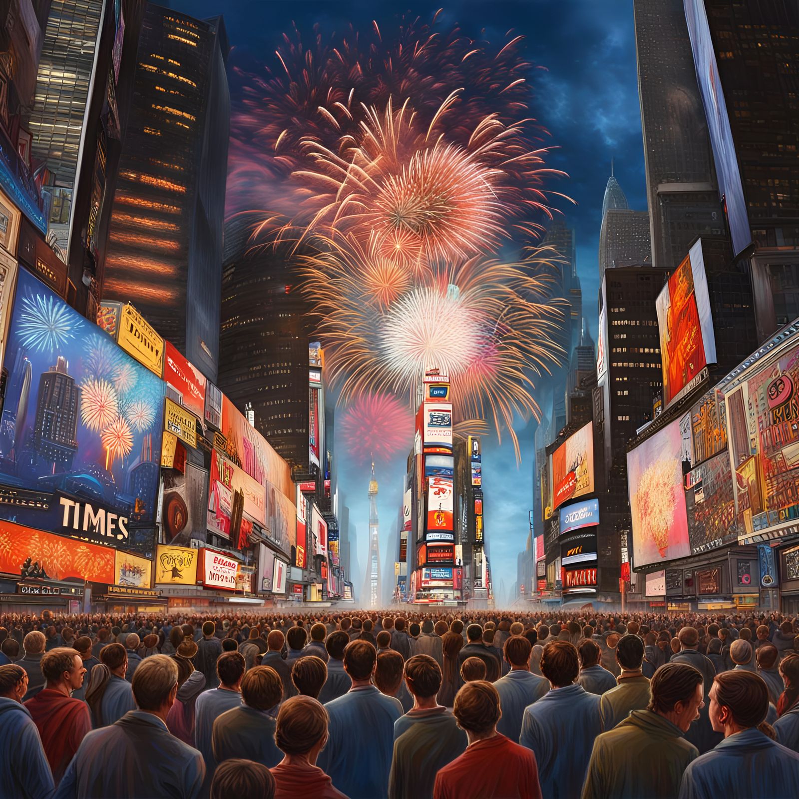 Time's square fireworks, new year's eve, fireworks, huge crowds, intricate details, Hyperrealistic, splash art, concept...