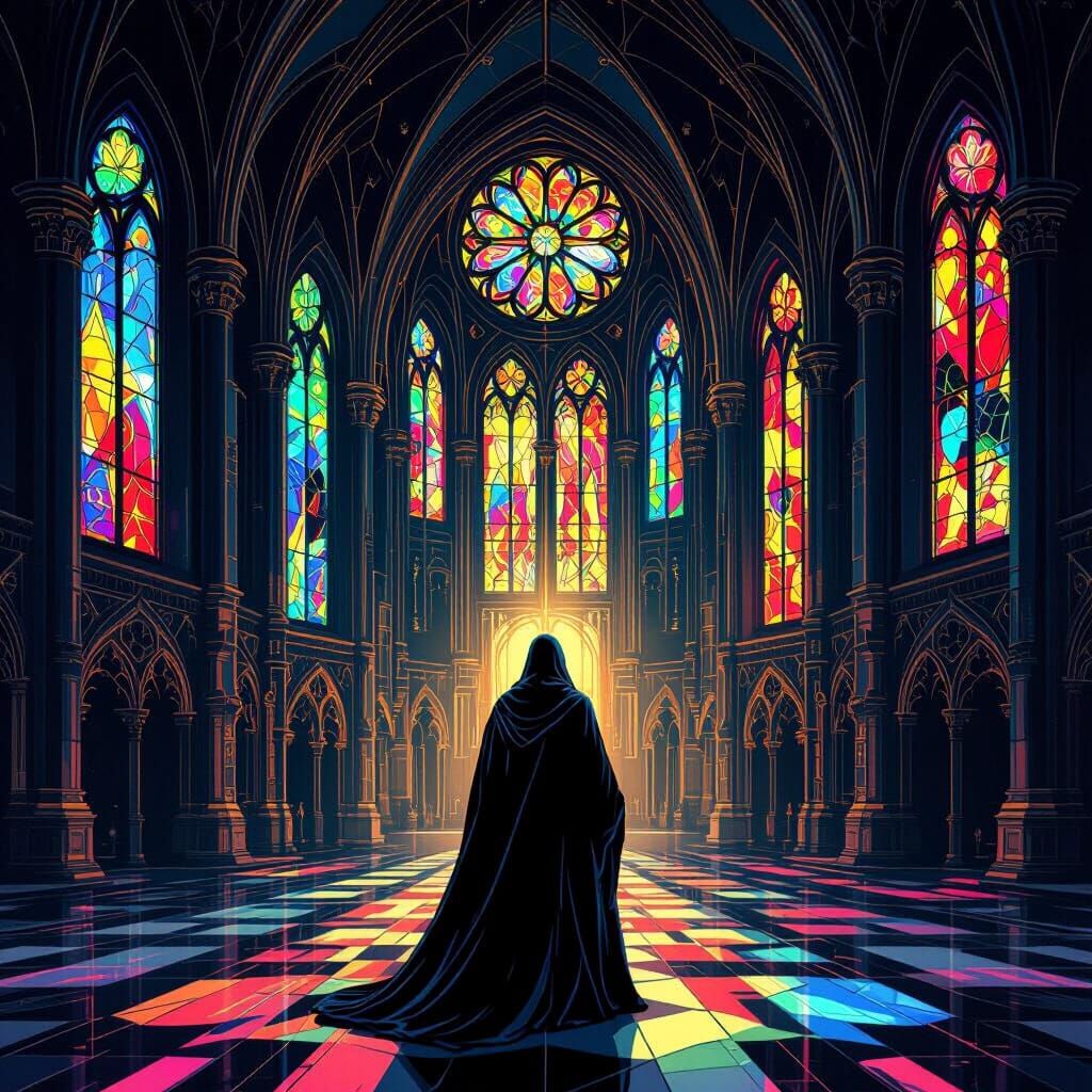 Gothic Biomechanical Cathedral With Cosmic Stained Glass