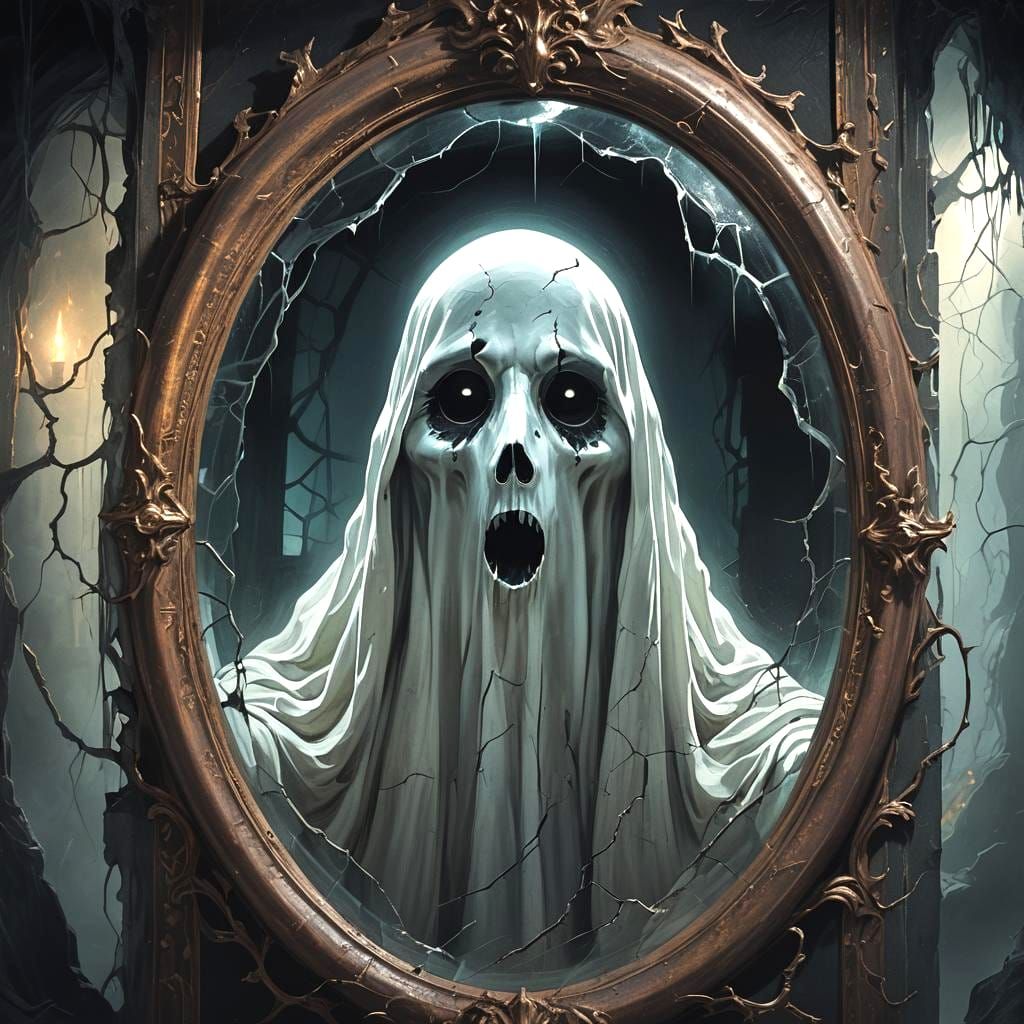 Cute Ghost Peeks from Behind Mirror, Detailed Matte Painting