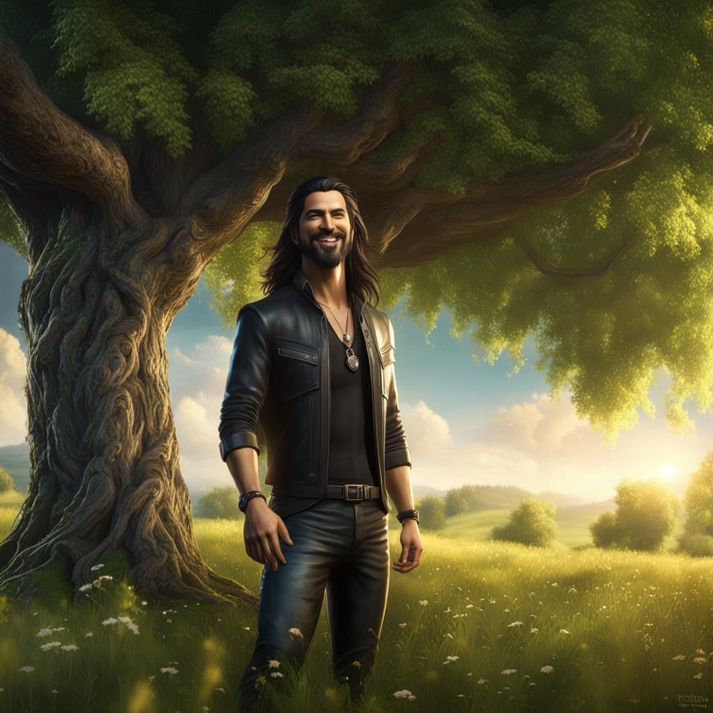 Smiling Man with Long Hair in Meadow: Photorealistic Art